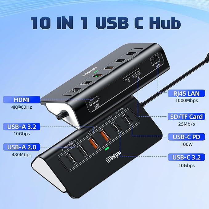 intpw P9R PRO USB C Hub Ethernet, 10Gbps USB C Docking Station 10-in-1