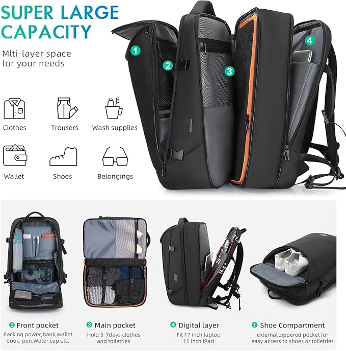 Travel Carry on Backpack 50L Expandable Flight Approved Backpacks 17.3 inch