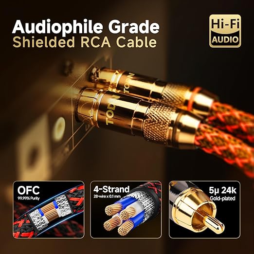TODN High End RCA Cables for Audiophile RCA Male to Male Stereo Cord for Car