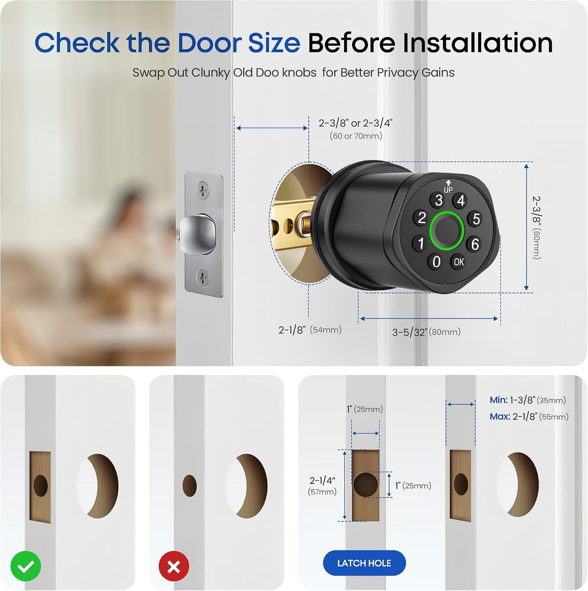 keyless entry keypad door lock with knob, smart, close-up detail