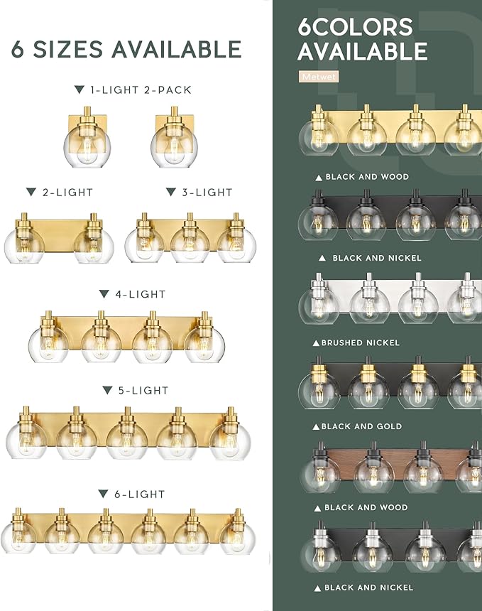 METWET Bathroom Light Fixtures, 2 Light Brushed Gold Vanity Light, Modern Wall