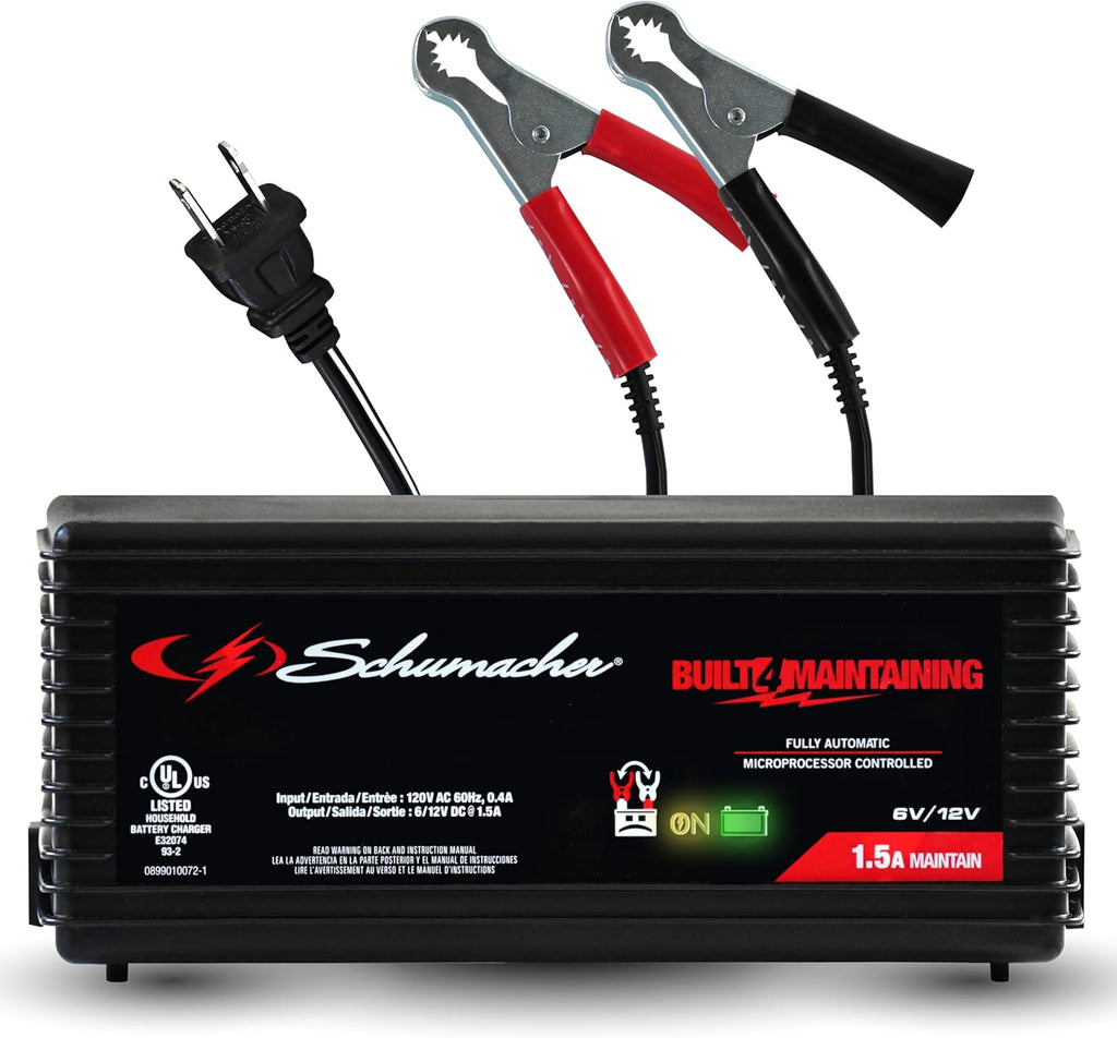 Schumacher Electric 1.5A Car Battery Charger and Maintainer, 3-in-1 Solution