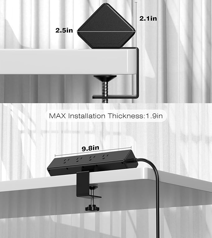Desk Clamp Power Strip, 40W Total Fast Charging Station, Desk Edge Mount Power