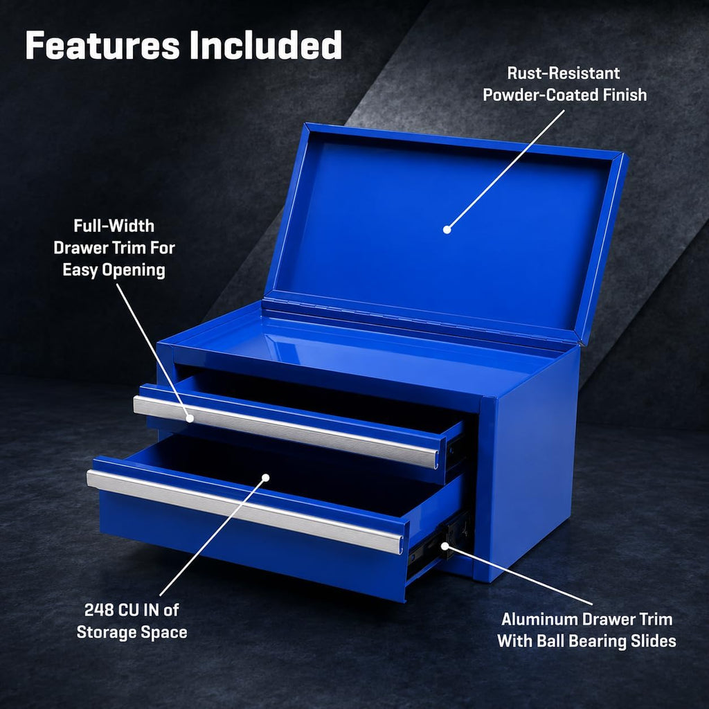 mini 2-drawer blue steel tool box, close-up detail