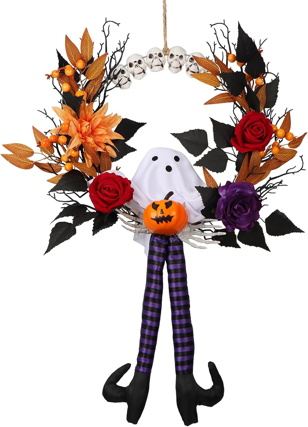 28Inch Length Halloween Wreath for Front Door, Gothic Lighted Fall Wreath