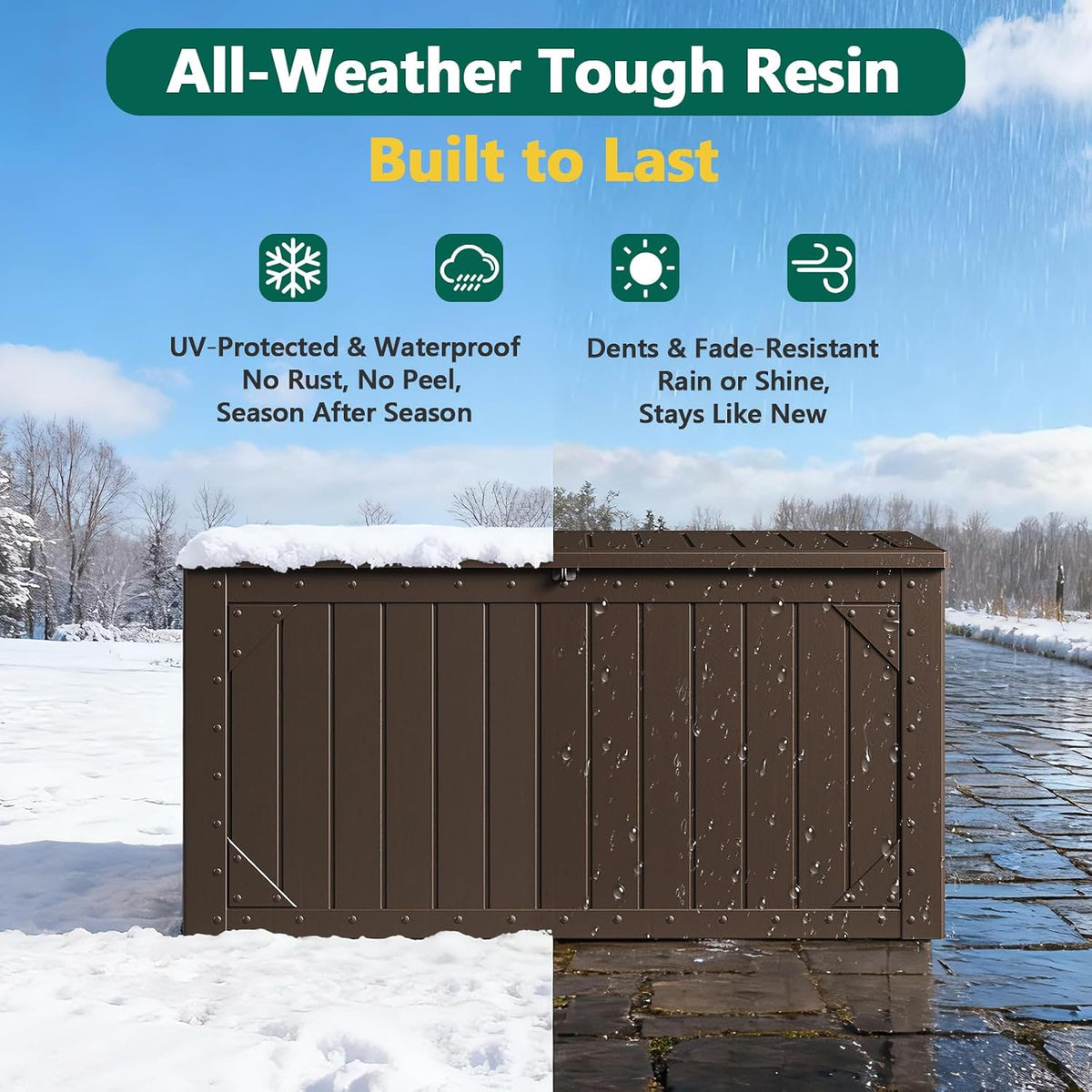outdoor storage box, 98 gallon deck box, outdoor on a desk or shelf