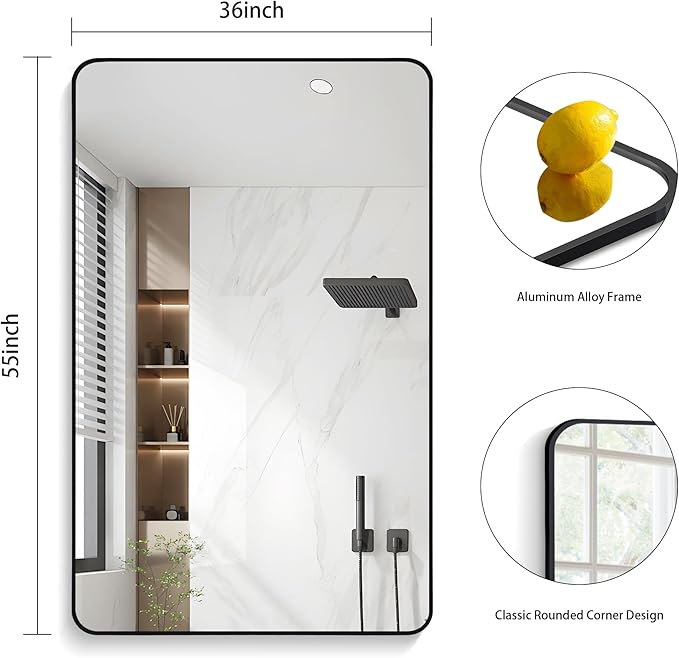 FORBATH Large Bathroom Mirror 36 x 55 Inches，Black Large Wall Mirror Aluminum