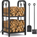 Vailge Firewood Rack Indoor with 4 Pieces Long&Detachable Fireplace Tools, Heavy Duty Steel 2-Tier Firewood Holder Storage, Log Rack for for Fireplace, Fire Pit, Wood Stove Black
