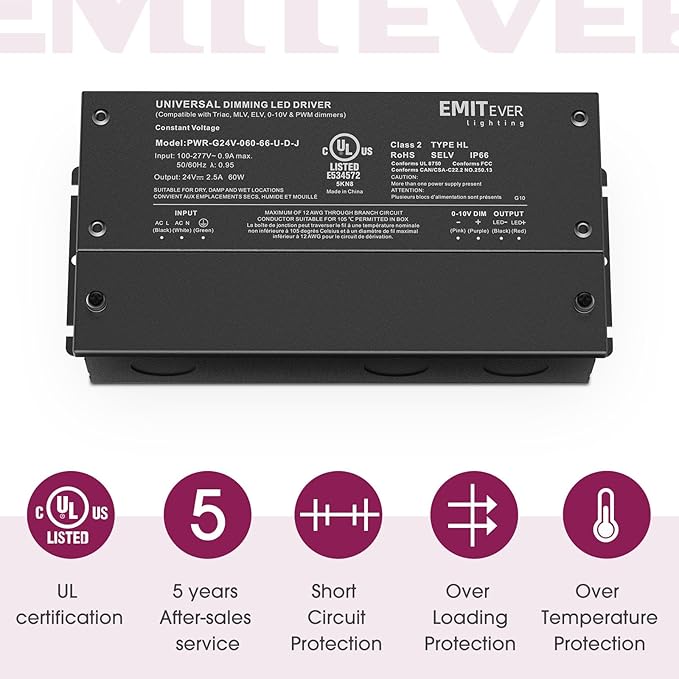 EMITEVER Dimmable Led Driver, 2 Packs 60W AC 110V-277V to DC 24V Transformer