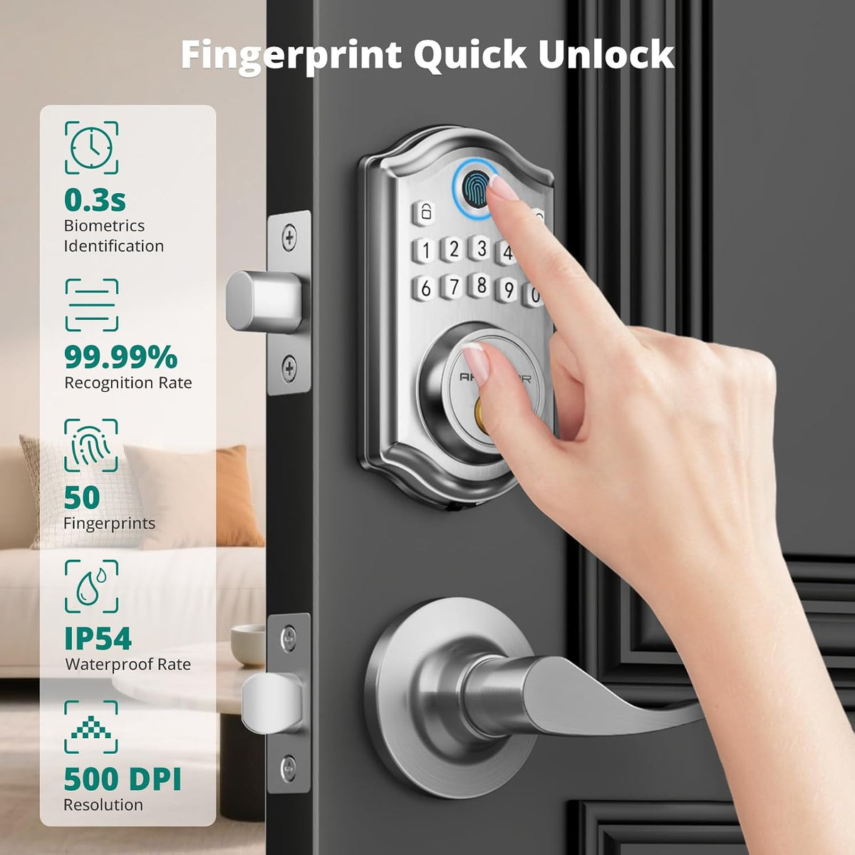 AkaGear Fingerprint Keyless Entry Door Lock with Lever Handle Set, Nickel