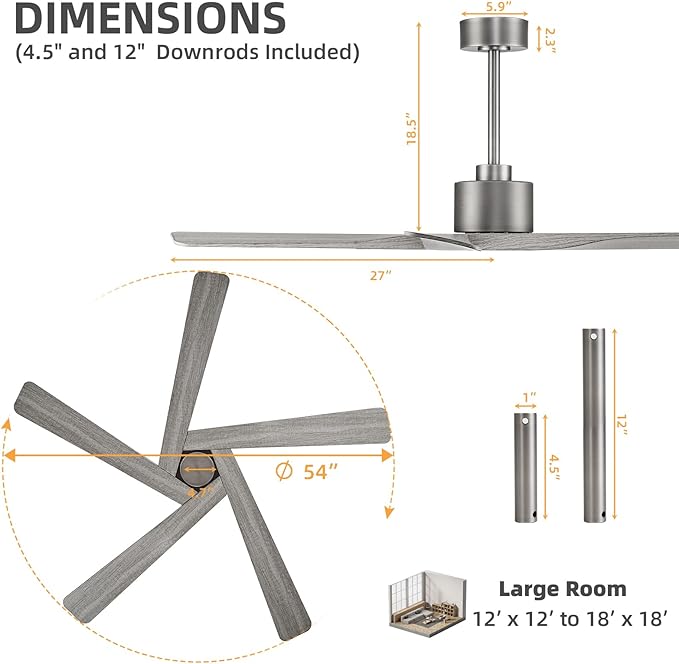WINGBO 54" ABS DC Ceiling Fan No Light, 5 Blade Wood Grain ABS Ceiling Fan