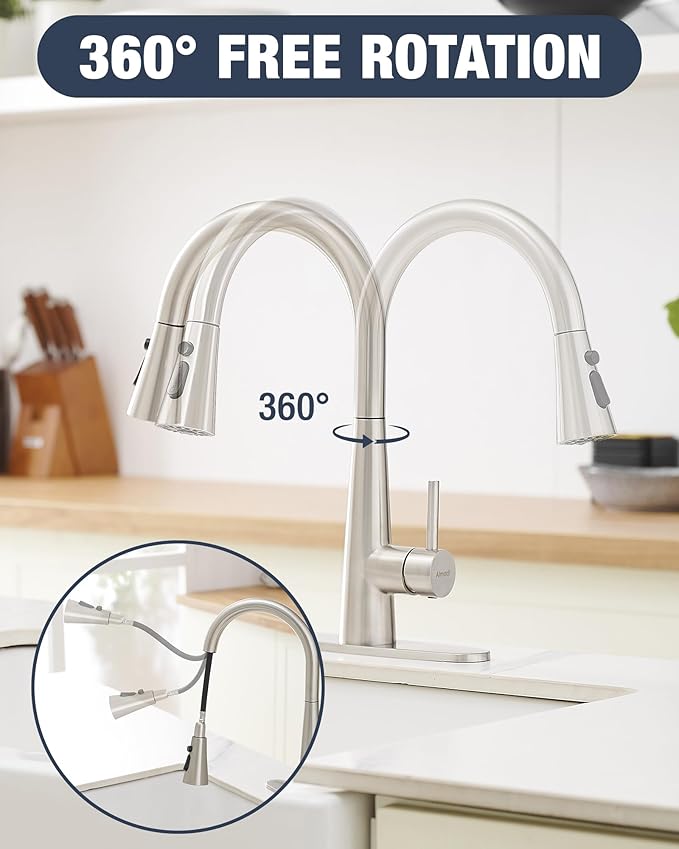 AIMADI Kitchen Faucet with Pull Down Sprayer – High Arc 360° Swivel Brushed