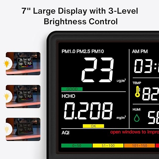 16 in 1 Air Quality Monitor Indoor 7" Display 9 AQI+7 AQI Alerts, CO2 Monitor