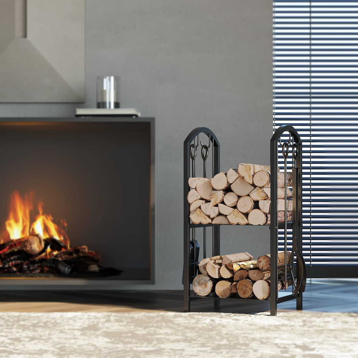 fire beauty wrought iron firewood log rack with, close-up detail