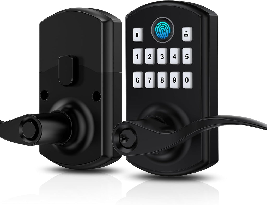 Hidalife Fingerprint Keypad Door Lock with Handle, Keyless Entry Door Lock for Front Door, Easy Passage Mode, Electronic Door Lock with Code, Matte Black