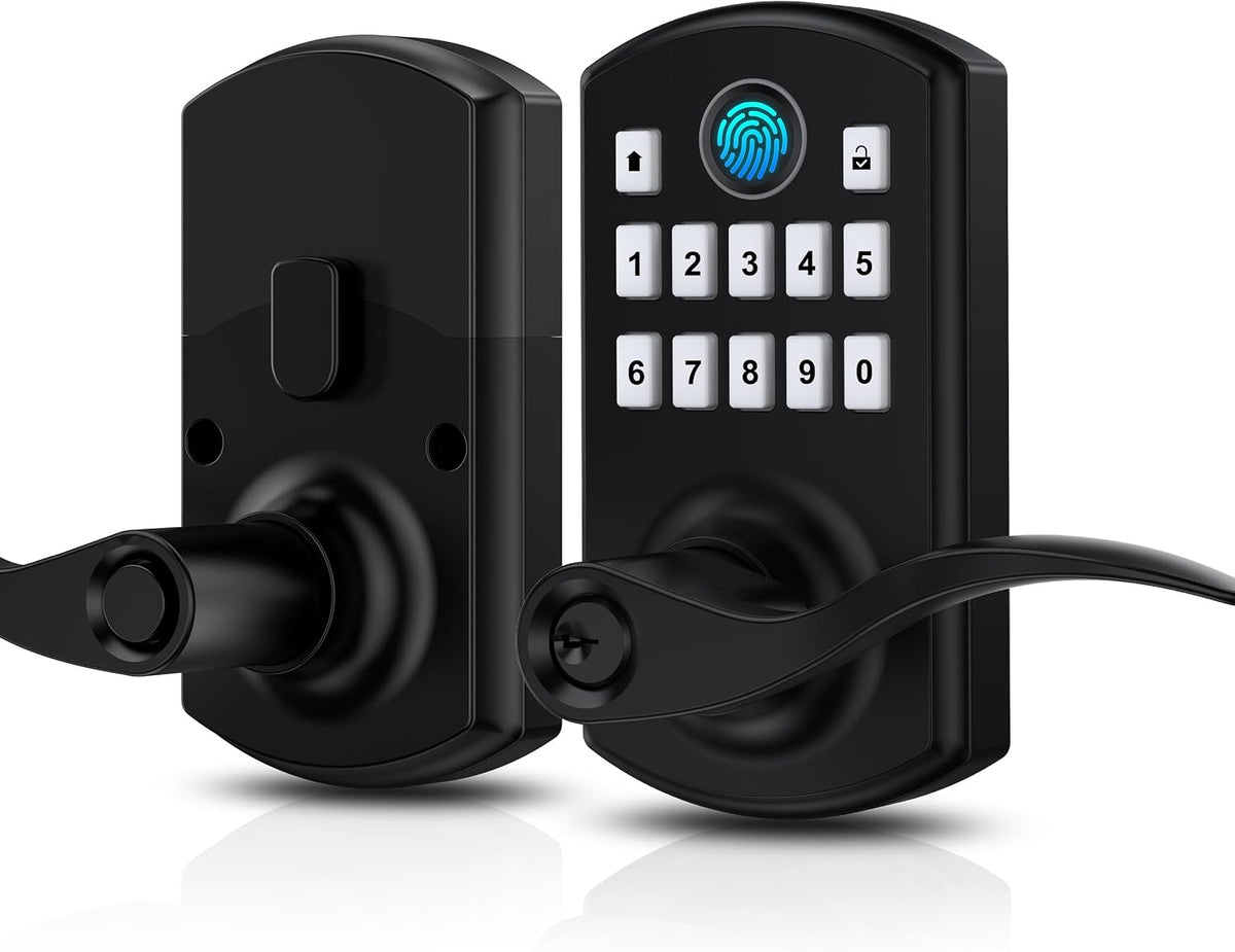 Hidalife Fingerprint Keypad Door Lock with Handle, Keyless Entry Door Lock for Front Door, Easy Passage Mode, Electronic Door Lock with Code, Matte Black
