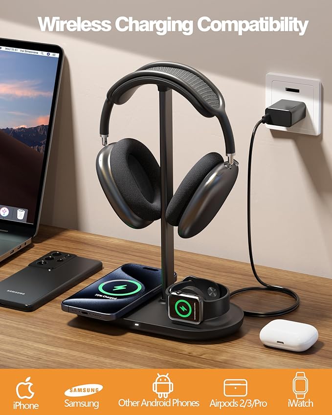 HiWe Universal Headphone Stand, Magnetic Wireless Charger