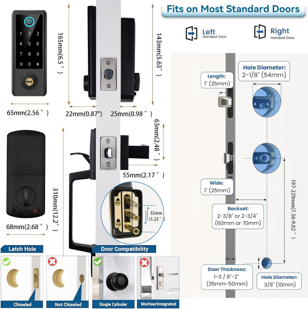 fingerprint door lock with handle sets, bebasia app showing dimensions
