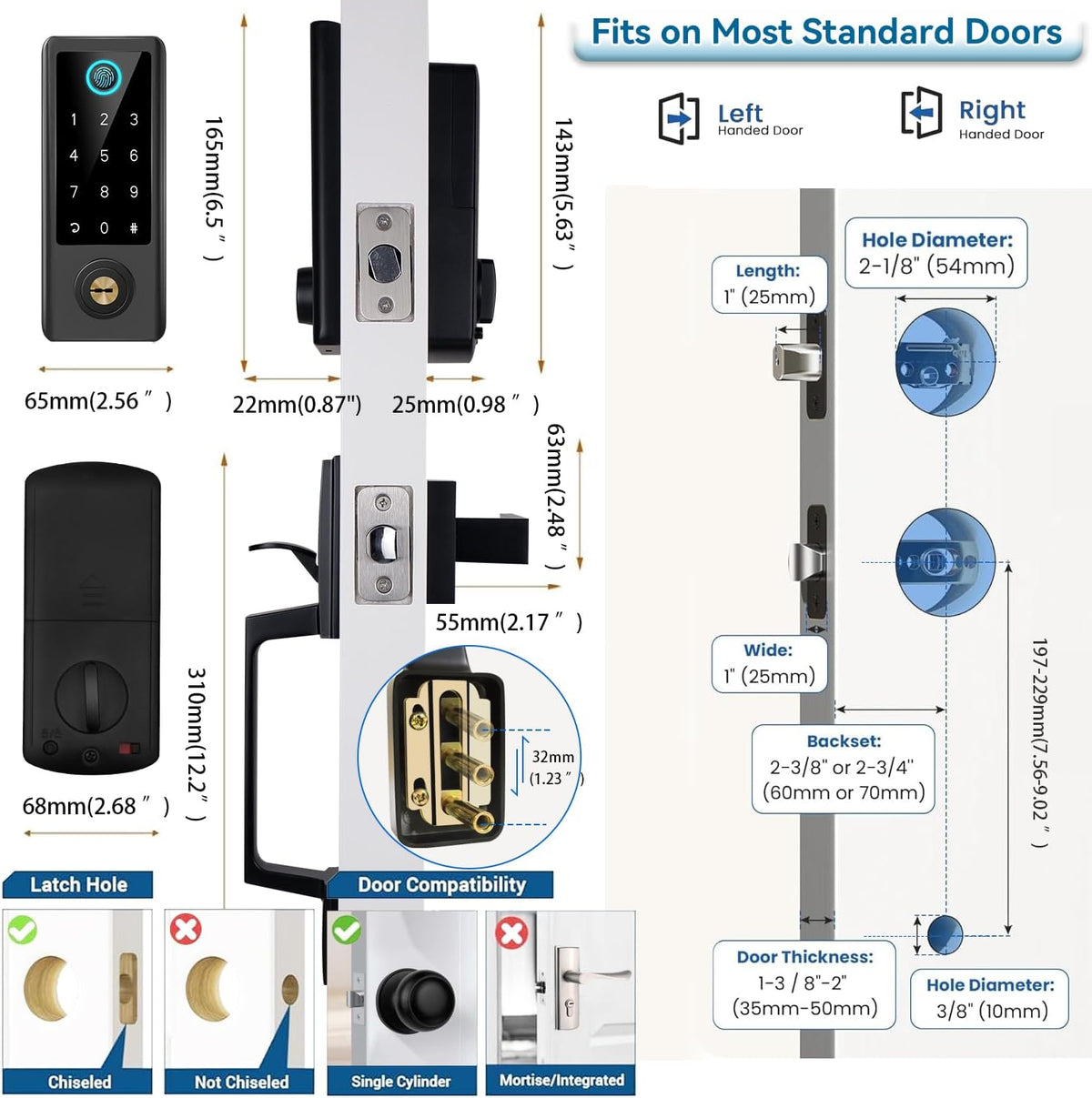 fingerprint door lock with handle sets, bebasia app showing dimensions