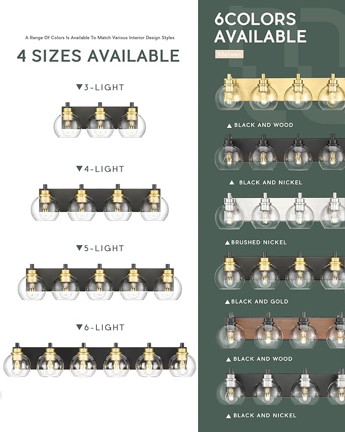 METWET Bathroom Light Fixtures, 5-Light Black and Gold Bathroom Vanity Light