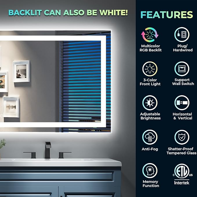 YEELAIT 55x40 Inch RGB LED Bathroom Mirror Front Light and RGB Backlit Lighted