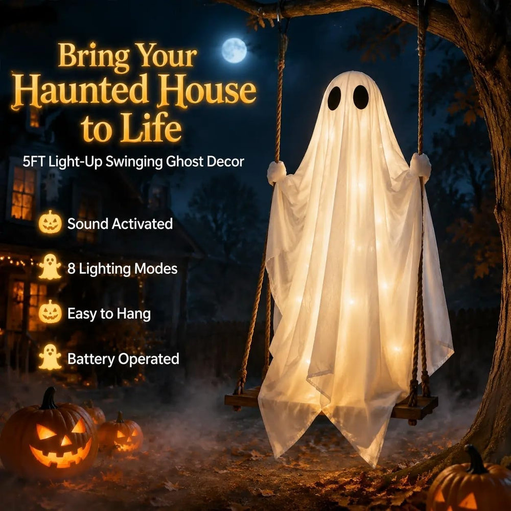 5FT Large Swinging Ghost Outdoor Halloween Decor - Light Up Hanging Ghost wit...