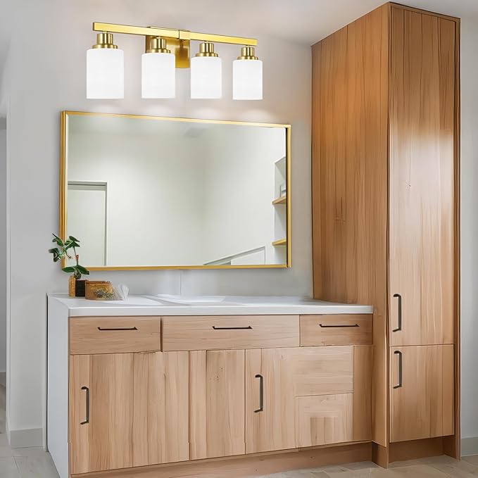 DIKAIDA 4-Light Gold Vanity Light, Modern Gold Bathroom Light Fixtures Over