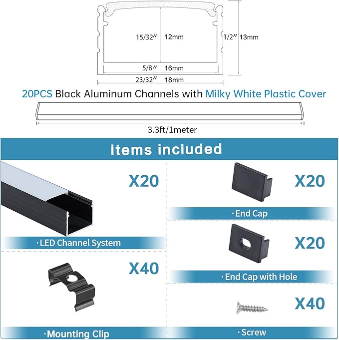 Muzata 20Pack 3.3FT/1M Plus-Size Spotless LED Channel Black LED Strip Diffuser