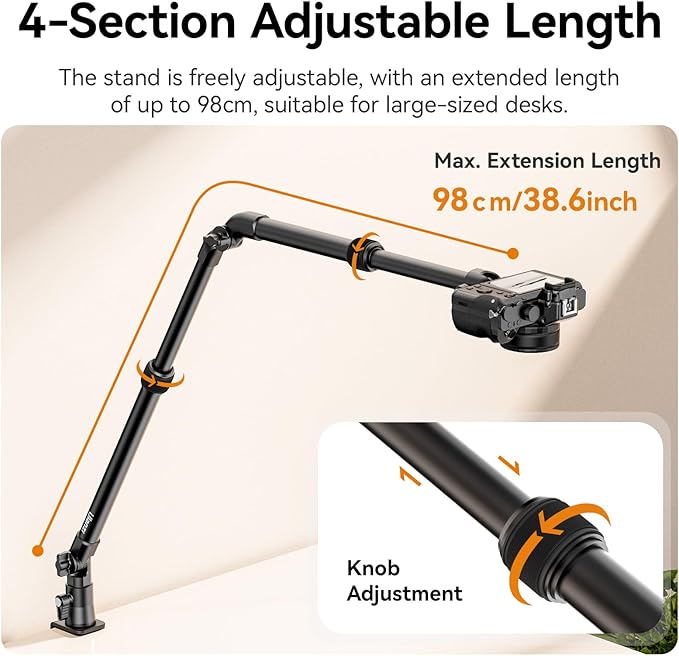 ULANZI ZJ02 Camera Desk Mount Overhead Magic Arm, 98cm/38.6inch Aluminum