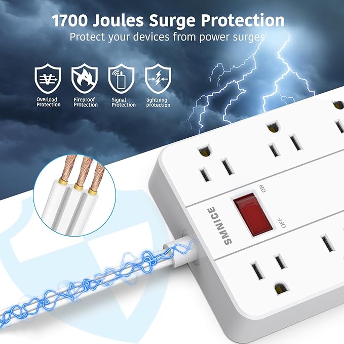 Flat Plug Extension Cord 15 Ft, SMNICE Surge Protector Power Strip