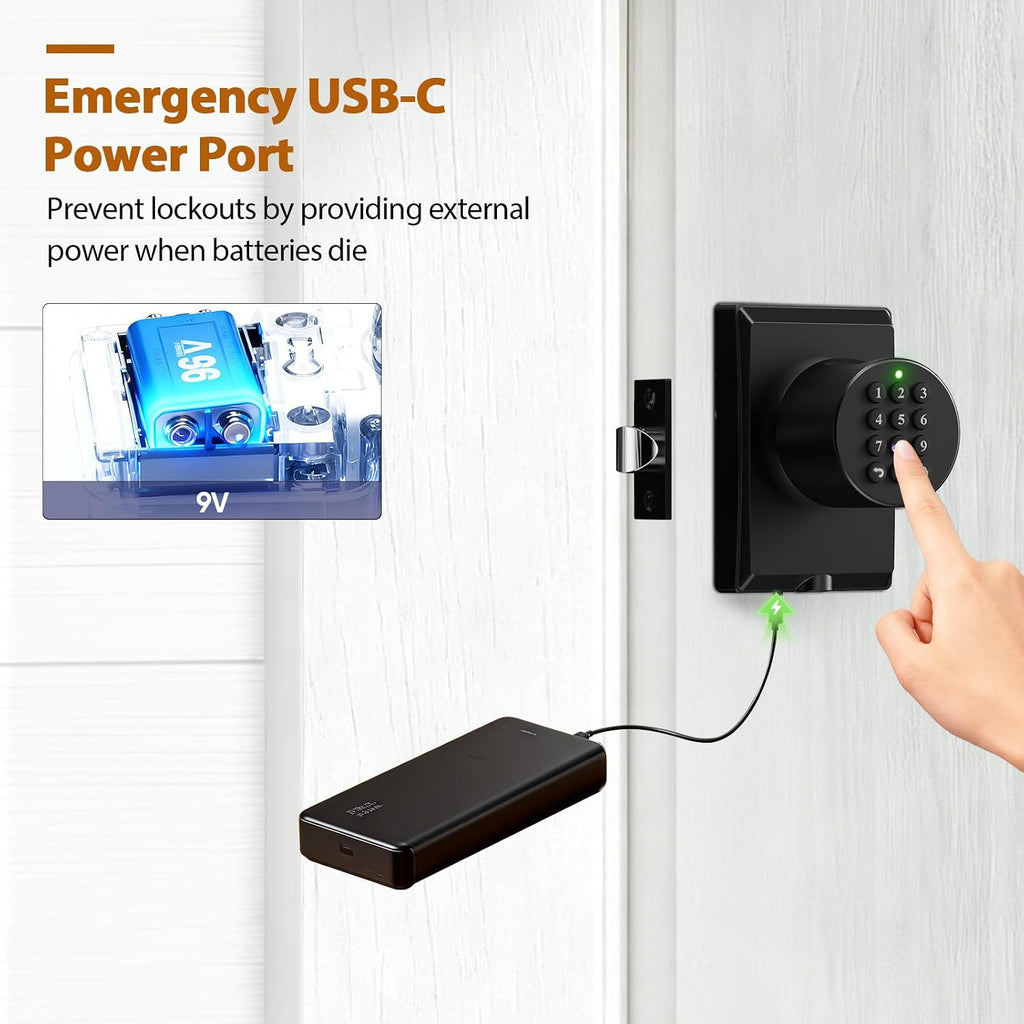 keyless entry door knob smart keypad door lock on a desk or shelf