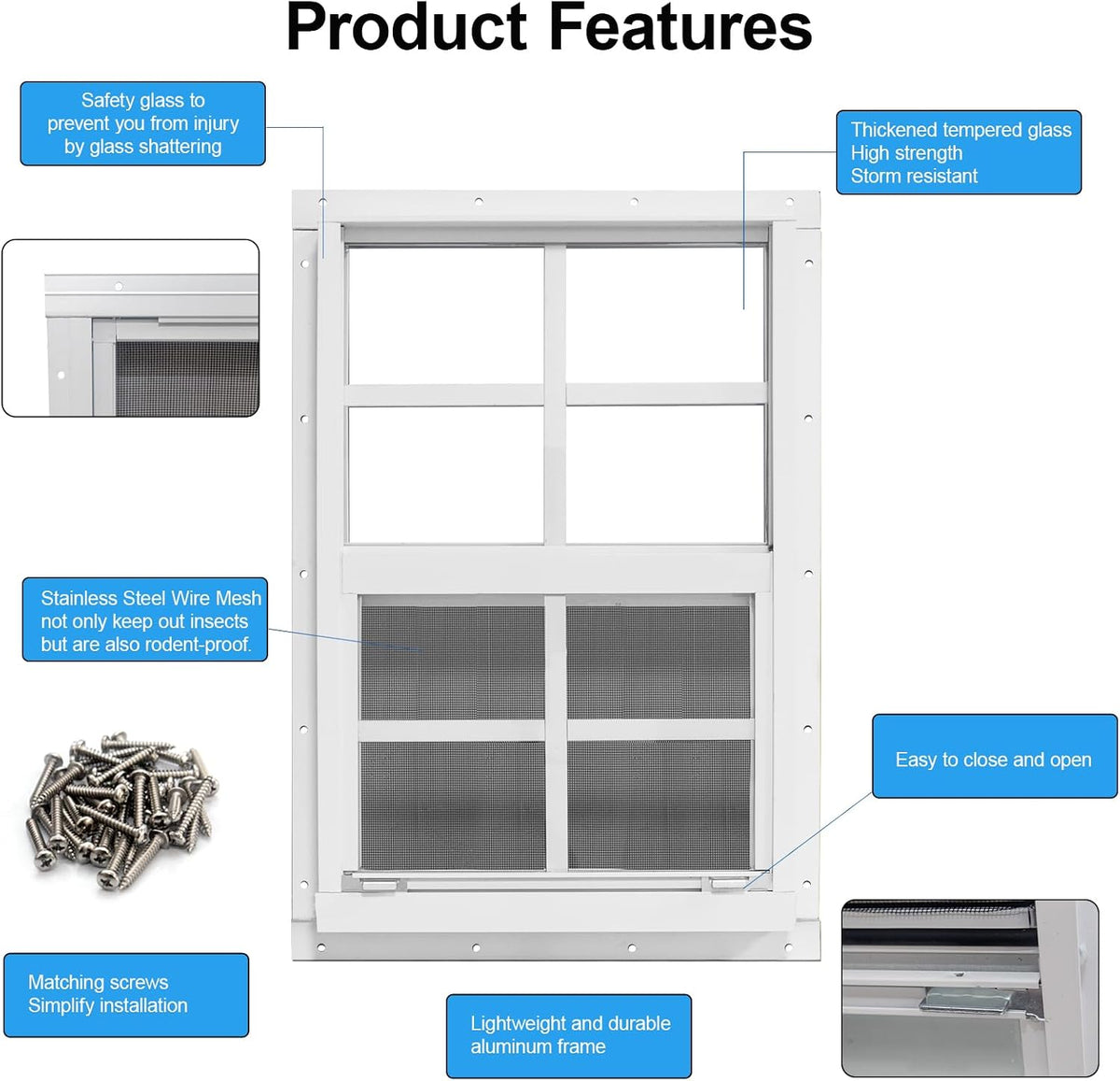 neatiease upgraded shed windows 2 pack, 30" x, close-up detail