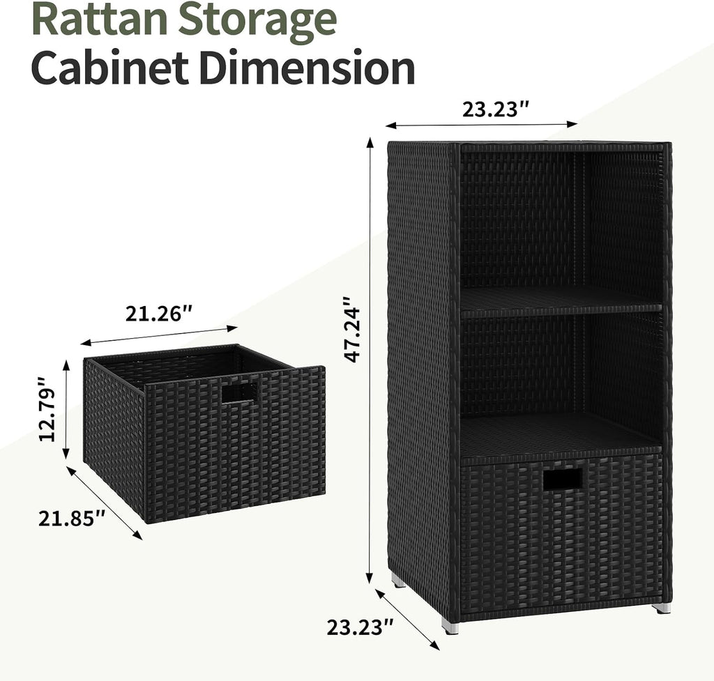 Aoxun Outdoor Towel Cabinet, Pool Accessory Storage Organizer, Freestanding Waterproof PE Rattan Wicker Shelf, 2 Layer with 1 Bottom Drawer for Pool, Patio, Outdoor, Indoor, Black