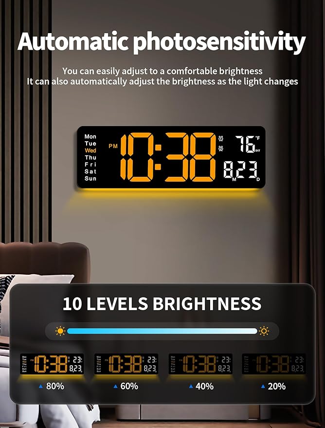 MASHI Digital Wall Clock, Auto-Dimming Wall Clock