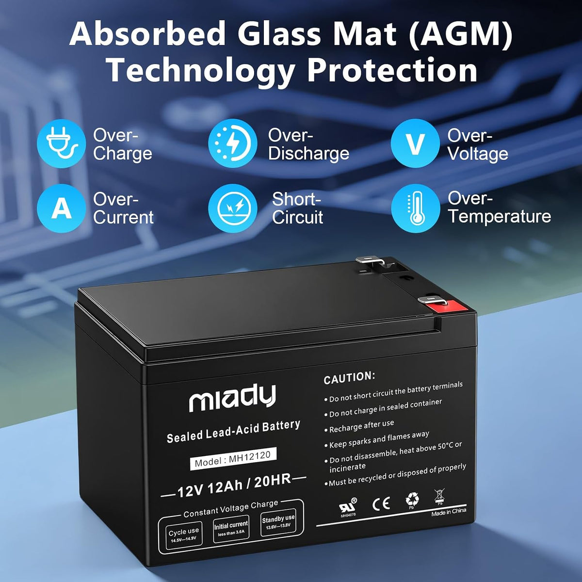 miady 12v 12ah rechargeable sealed lead acid battery, side view