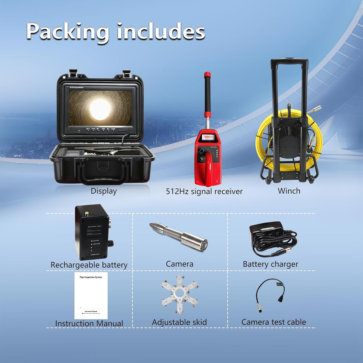 sewer camera with locator,self leveling,165ft/50m,retractable handle,7mm cable,9'' ips, view 9