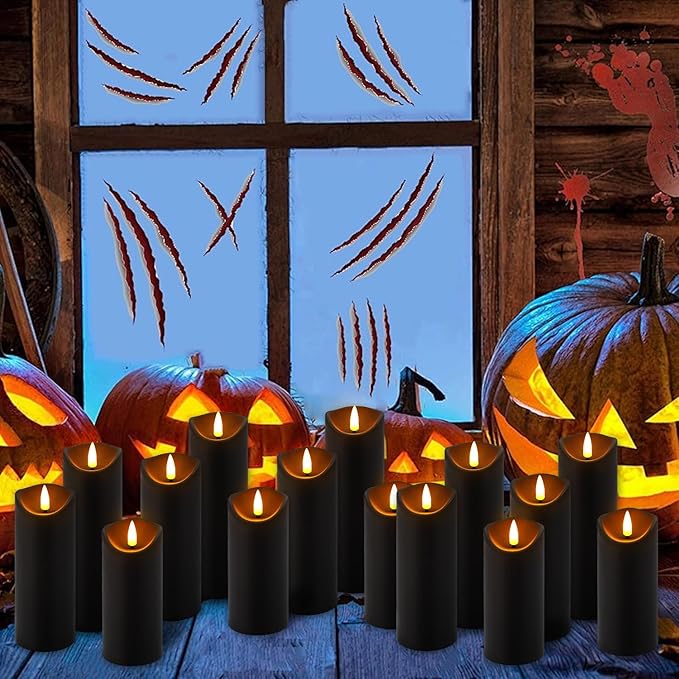 24 Pack Halloween Decoration Flickering Flameless Candles, Battery Operated LED Pillar Candles with Remote Control and Timer.for Home Decor (D2.2 xH 5" 6" 7" Black)