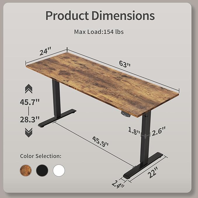 Agilestic Electric Standing Desk, Large 63 x 24 Inches Height Adjustable Desk