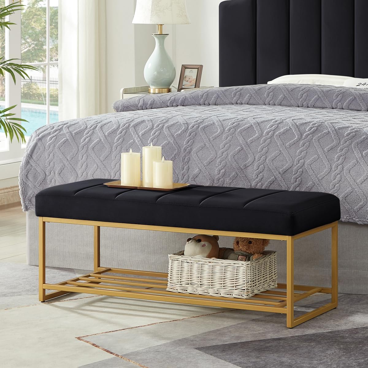 24KF Black Velvet Upholstered End of Bed Bench with Metal Shelf, Modern Tufted Channel Entryway Bench Footboard Bench for Living Room, Bedroom, Gold Bench,5036-Black