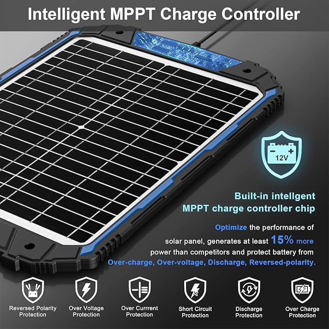 SUNER POWER 20W 12V Solar Battery Trickle Charger & Maintainer PRO, Built-in