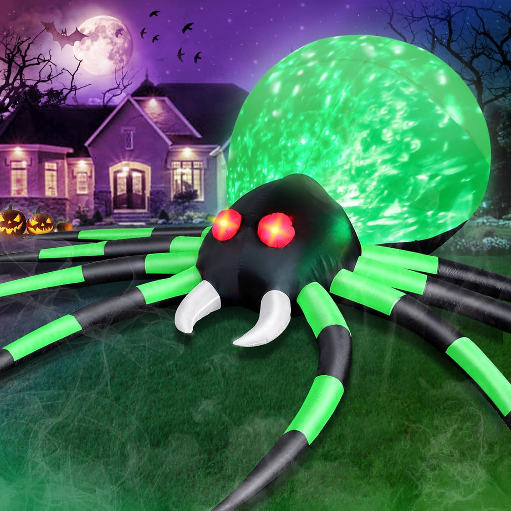 12 FT Halloween Inflatables Spider Outdoor Decorations, Giant Blow Up Spider with Flame Lights & Red Glowing Eyes, Large Crawling Green Spider Props for Halloween Party Yard Garden Lawn Roof Decor