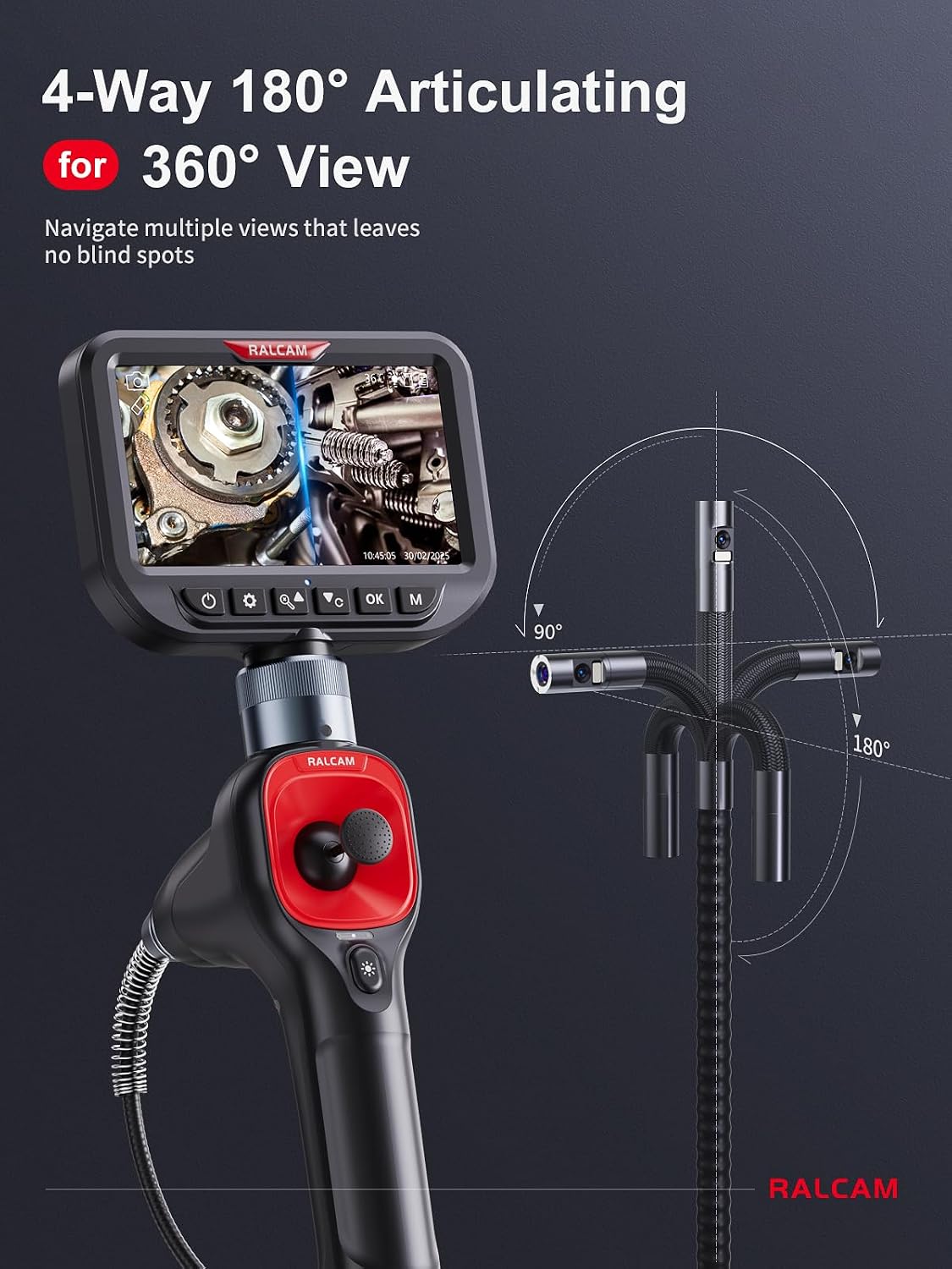 ralcam 360° articulating borescope dual lens, 0.25in slim shown in use