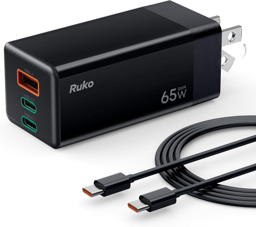 Ruko 65W USB C Charger, 3 Port Compact Foldable GaN Fast Charging Block Wall