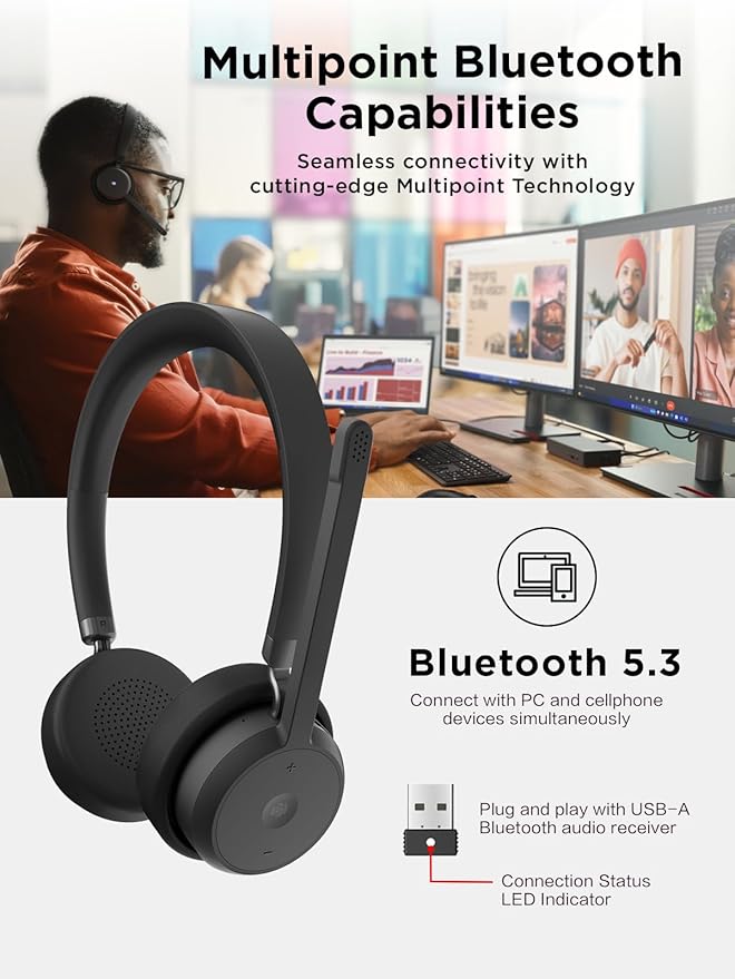 Lenovo Wireless VoIP Headset Teams Certified, Noise-Canceling Mic, USB-A