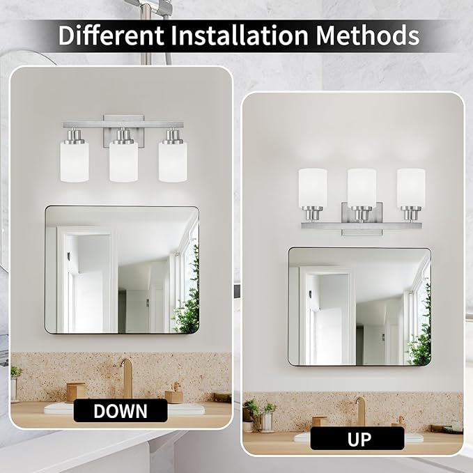 DIKAIDA 3-Light Bathroom Light Fixtures, Nickel Vanity Light, Modern Bathroom