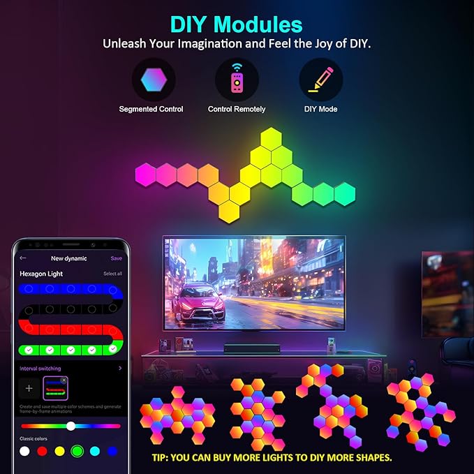 JIMIMORO 12-Pack Hexagon Light Panels – Smart RGB LED Wall Lights