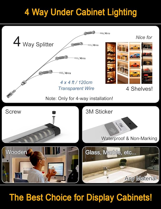 EBD LED Under Cabinet Lighting 4-Way Parallel Connection Display Case Lights