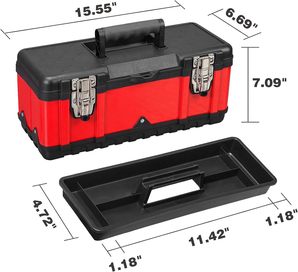 Jack Boss Steel Tool Box 15.5 Inch Small Portable Tool Organizer Box with Built-in Short Non-slip Handle Car Box with Removable tray (Pack of 2)