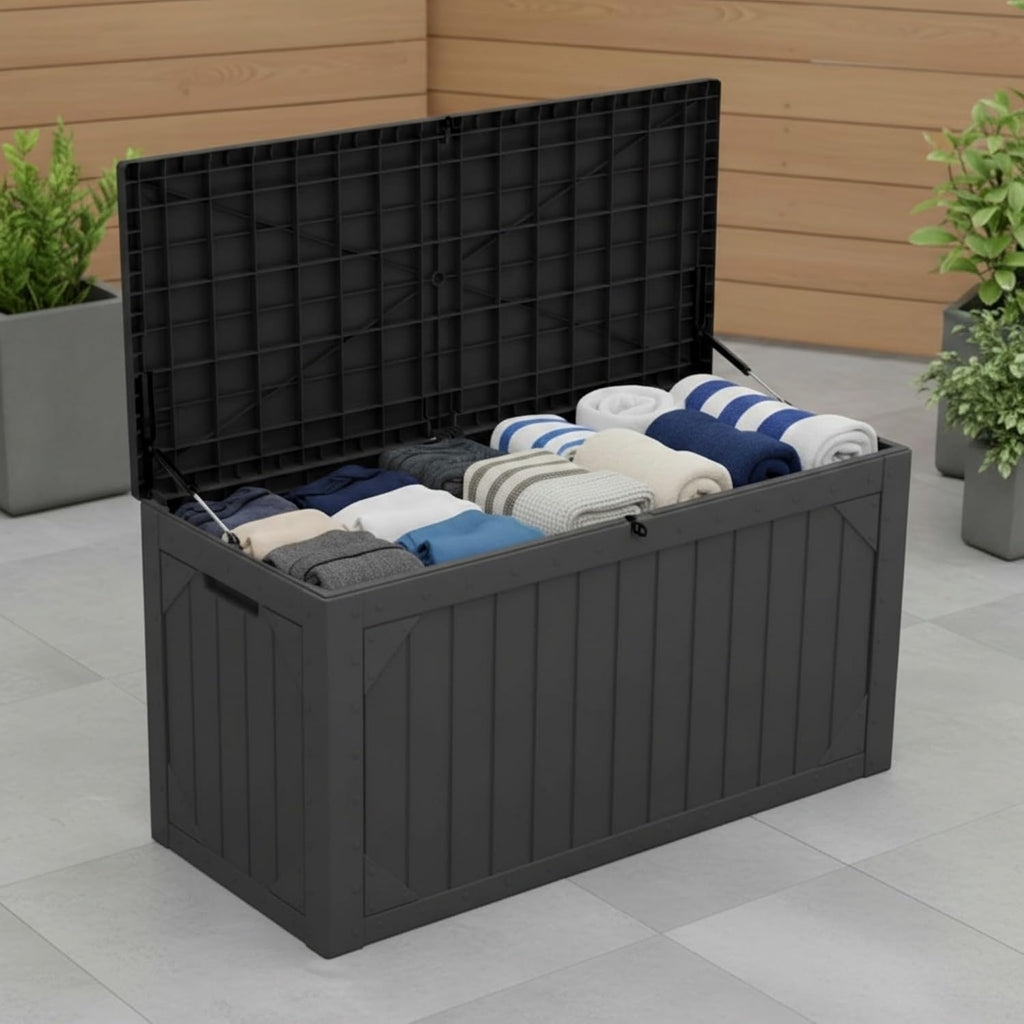 100 Gallon Outdoor Storage Bench - Waterproof Deck Box with Lock, UV Resistant Resin, Patio Furniture & Garden Tool Organizer, 400lb Capacity, Easy Assembly (Grey, 1 Pack)