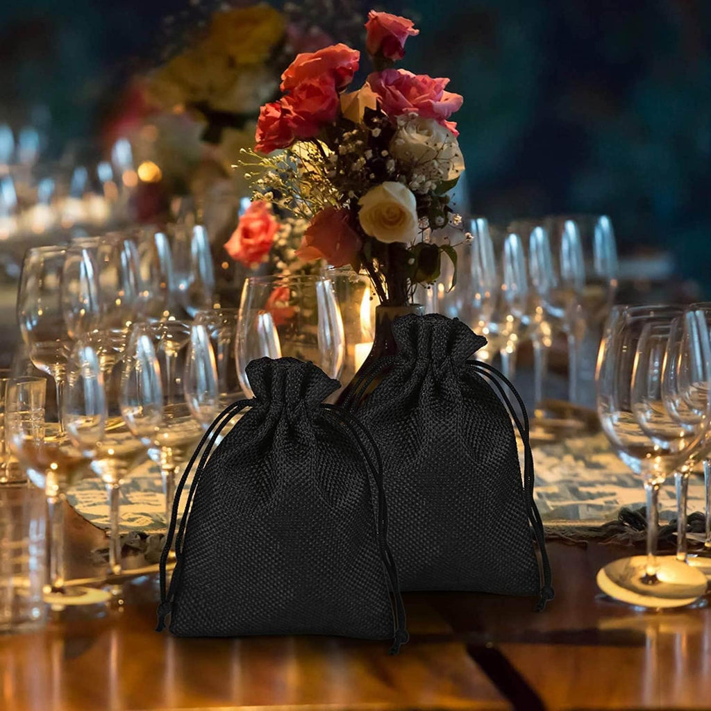 50Pcs Black Burlap Bags with Drawstring, 5.9x7.5 inch Jute Favor Sacks Linen Treat Bags for Halloween, Wedding, Party, Memorial Day, DIY Craft